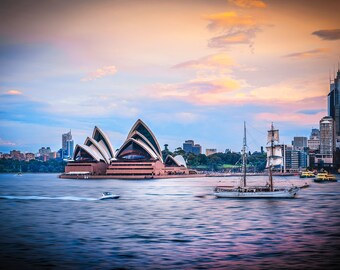 Sydney Opera House, Sydney Harbour Print, Australia Photo, Travel photography, Wedding Gifts, city skyline, sunset wall art, sail boat decor