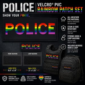 Könnte beinhalten: Ein Klett-Patch-Set aus PVC mit dem Wort POLICE in Regenbogenfarben auf schwarzem Grund. Enthält einen großen Aufnäher von 24,9 cm x 9,9 cm, einen kleinen von 7,6 cm x 3,2 cm, Klettverschlüsse sowie Anwendungsbeispiele auf Weste und Rucksack.