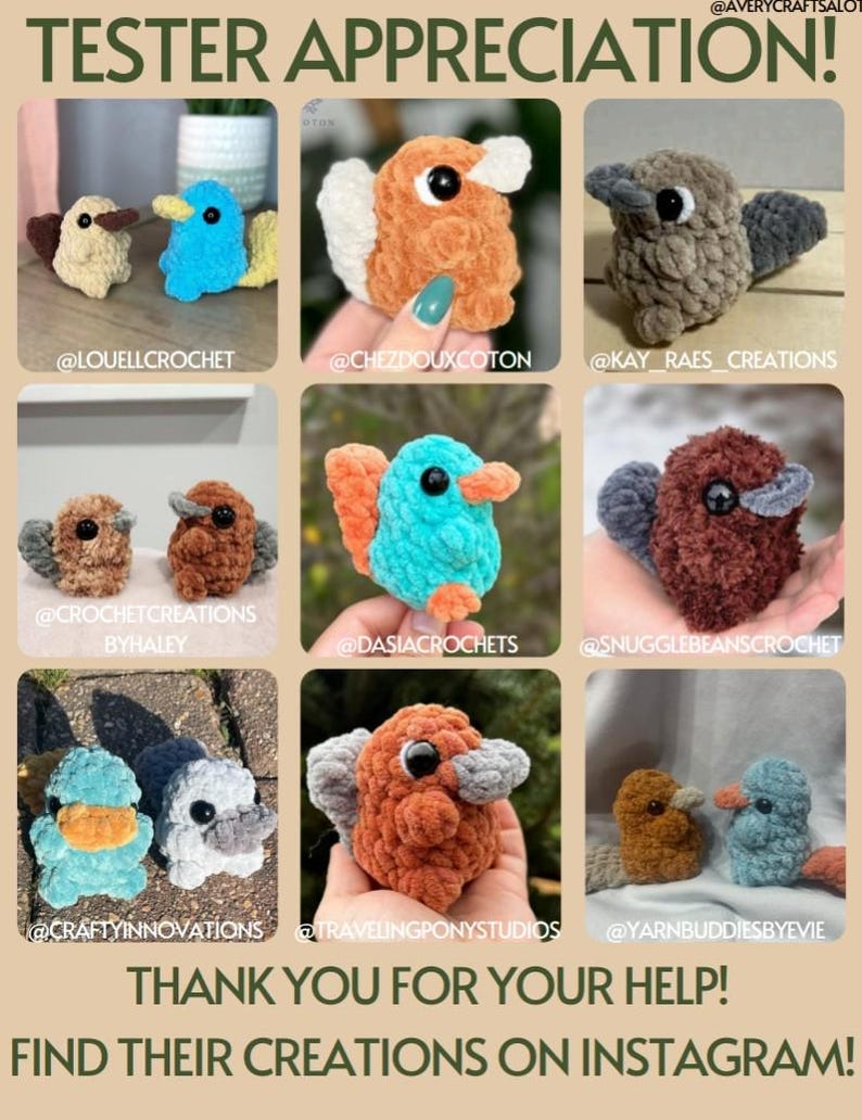 May include: A collage of nine images showcasing crocheted plush toys in the shape of platypuses. Each image features a different color and design, with some featuring multiple platypuses. The images are arranged in a grid format, with the text "TESTER APPRECIATION!" at the top and "THANK YOU FOR YOUR HELP! FIND THEIR CREATIONS ON INSTAGRAM!" at the bottom.