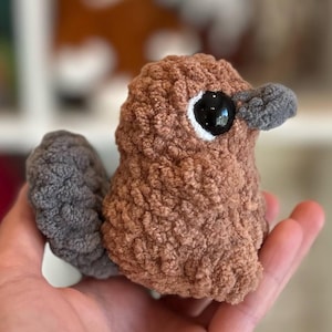May include: A brown and gray crocheted bird plush toy with large black eyes. The bird has a small, gray beak and a fluffy tail.