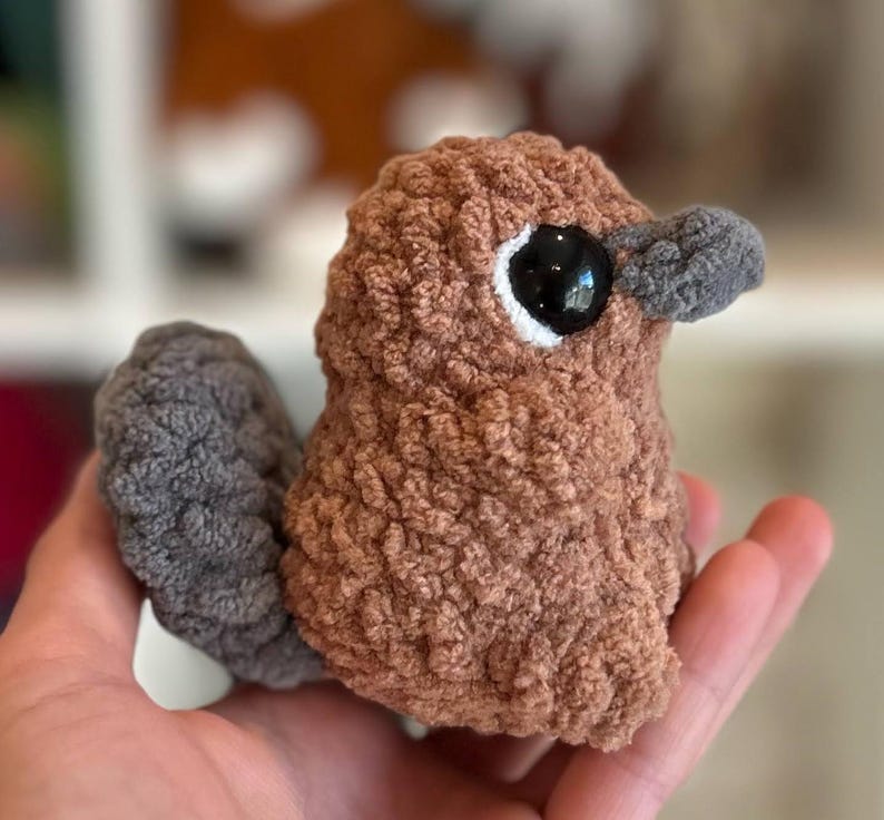 May include: A brown and gray crocheted bird plush toy with large black eyes. The bird has a small, gray beak and a fluffy tail.