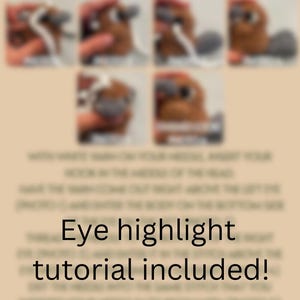 May include: A close-up of a tutorial showing how to embroider eyes on a stuffed toy. The image shows a series of steps, with each step showing a different stage of the embroidery process. The text "Eye highlight tutorial included!" is visible at the bottom of the image.