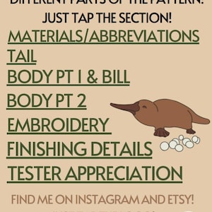May include: A graphic with a platypus illustration and text that reads "Here are some links to different parts of the pattern! Just tap the section! Materials/Abbreviations, Tail, Body Pt I & Bill, Body Pt 2, Embroidery, Finishing Details, Tester Appreciation. Find me on Instagram and Etsy! Just tap the logo!"
