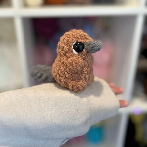 May include: A brown and gray crocheted platypus stuffed animal with black eyes. The platypus is sitting on a person's hand.