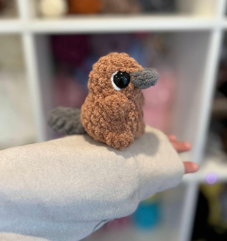May include: A brown and gray crocheted platypus stuffed animal with black eyes. The platypus is sitting on a person's hand.