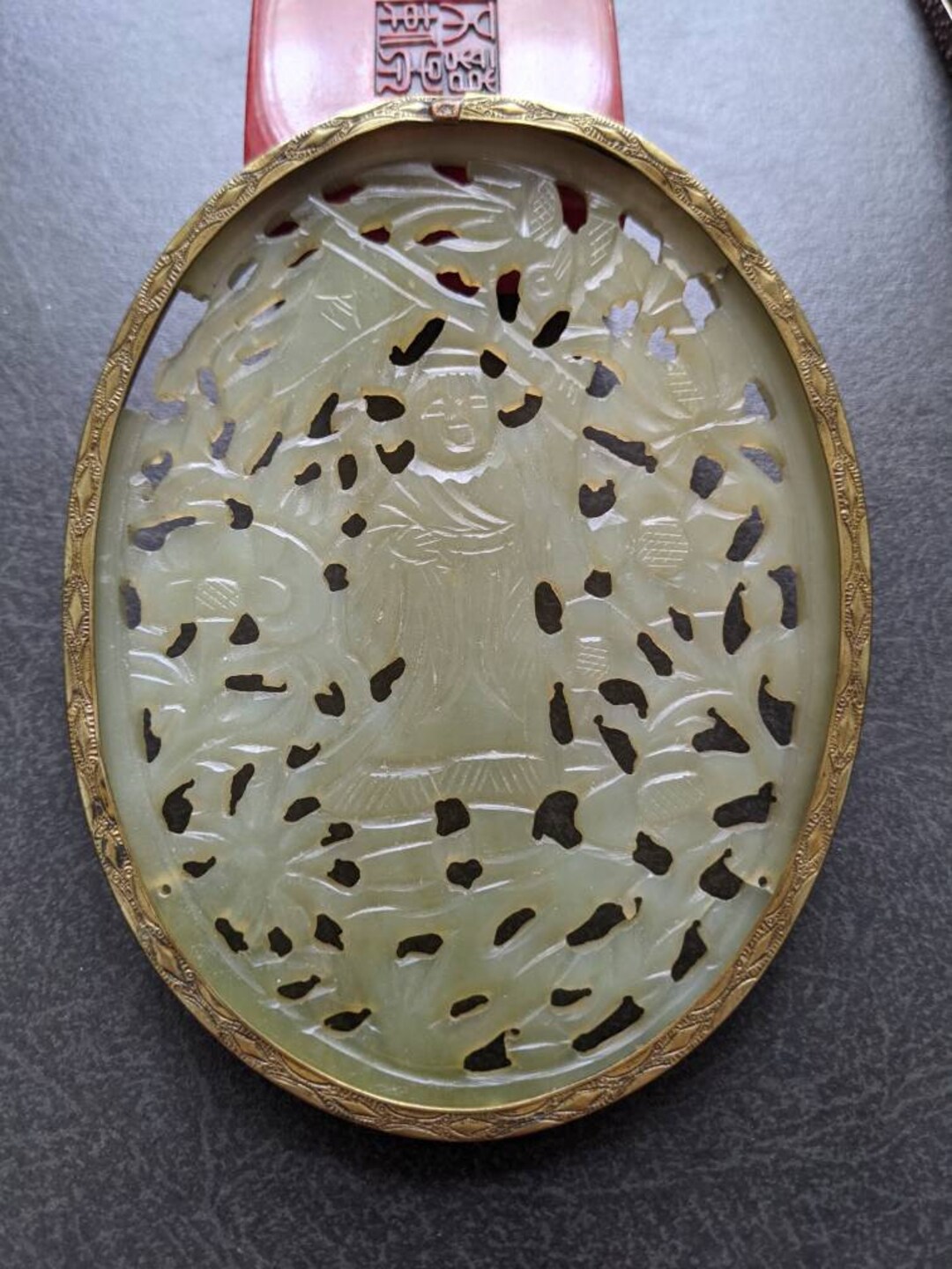 A Qing Dynasty Hand Carved Jade Amulet With Brass Fram Etsy
