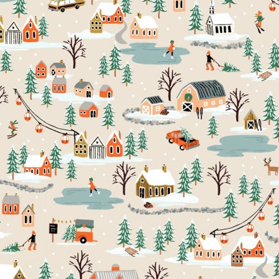 Holiday Classics, Holiday Village, Cream Fabric, RP603-CR3, by Rifle Paper Co, For Cotton+Steel, sold by the 1/2 yard or the yard