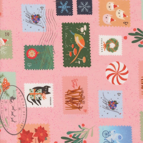 Tiny Christmas, Christmas Stamps, in Cotton Candy, 37132 15, by Lizzy House, for Moda, sold by the yard
