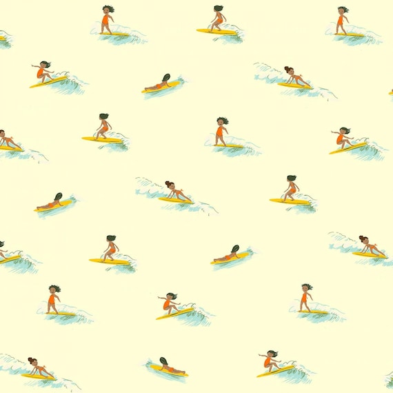 White/Cream Surf Girls, Malibu by Heather Ross for Windham Fabrics, sold by the 1/2 yard or the yard cut continuous from bolt
