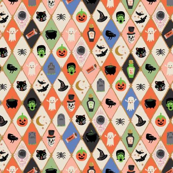 Halloween II, Halloween Argyle,  Multi & Metallic Gold Metallic Fabric, RP1309-MM1M , By Rifle Paper Co, Cotton+Steel, sold by the yard