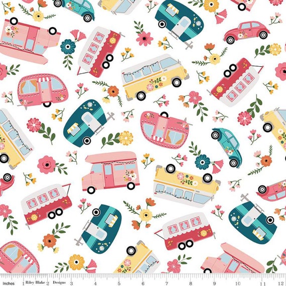 Gone Glamping, Main Print, in White, By Lori Whitlock, C14790-WHITE, Riley Blake Designs, sold by the 1/2 yard or the yard