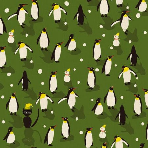 NM203-GR2U Waku Waku Christmas - Penguin Dance - Green Unbleached Fabric- Cotton and Steel/RJR- Sold by the 1/2 yard or the yard