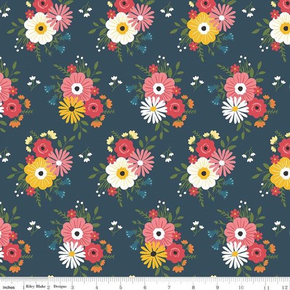Gone Glamping, Bouquets, in Midnight, By Lori Whitlock, C14791-MIDNIGHT, Riley Blake Designs, sold by the 1/2 yard or the yard