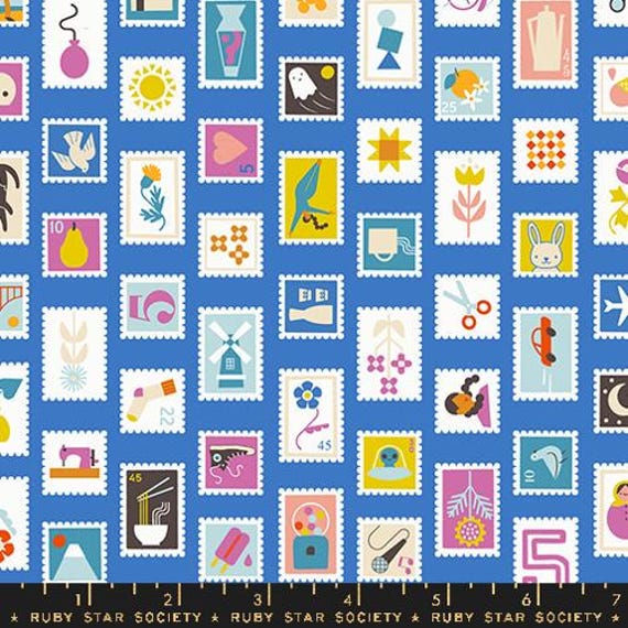 Salutations, Stamps, in Lapis, By Rashida Coleman Hale, RS1089 14, Ruby Star Society, sold by the yard