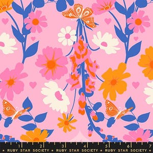 May include: A vibrant floral pattern on a pink background. The design features pink, orange, white, and yellow flowers, blue leaves, and orange butterflies. Small pink hearts are scattered throughout. The text "RUBY STAR SOCIETY" is at the bottom.