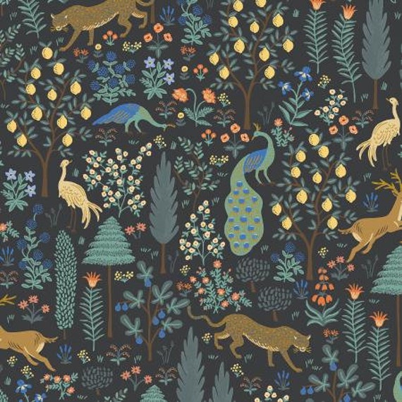 Camont - Menagerie - Black Metallic Fabric- RP700-BK1M - Rifle Paper Co- Cotton and Steel- sold by the 1/2 yard or the yard