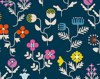 Salutations, Forget Me Not, Modern Flowers, CANVAS, in Navy, By Rashida Coleman Hale, RS1098 19L, Ruby Star Society, sold by the yard