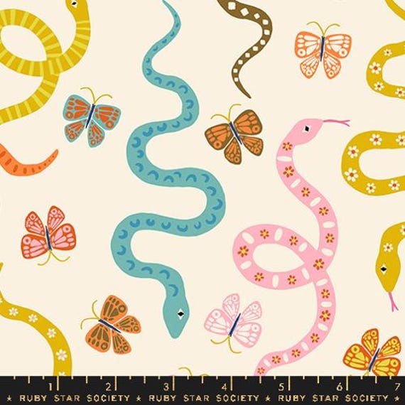 Ooh Lucky Lucky, Garden Snake and Butterflies, Natural, RS4114 11, By Alexia Abegg, Ruby Star, sold by the 1/2 yard or the yard
