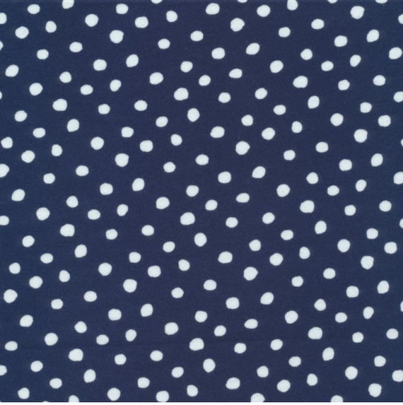 Cloud9 Organic Interlock Stretch Knit Dots Navy, sold by the 1/2 yard or the yard
