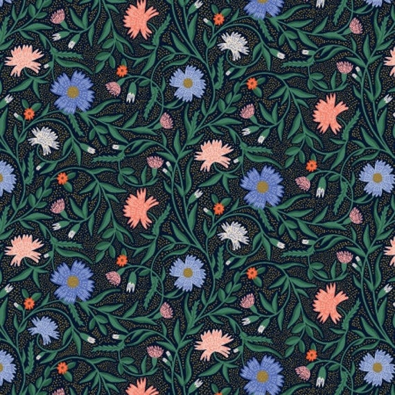 Vintage Garden, Aster, Navy Metallic Fabric, RP1002-NA2M, By Riffle Paper Co, Cotton & Steel, sold by the 1/2 yard or the yard
