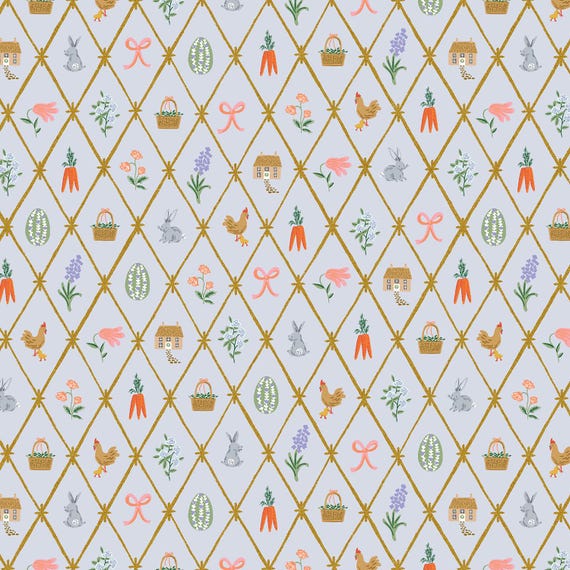 Easter - Easter Lattice - Blue Metallic Fabric- RP1501-BL3M , Rifle Paper Co, Cotton + Steel, sold by the 1/2 yard or the yard