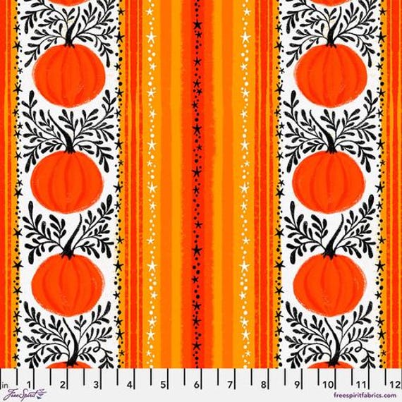 Ghostly Greetings,  Pumpkin Vines, in Orange, By Cori Dantini, FreeSpirit, sold by the 1/2 yard or the yard