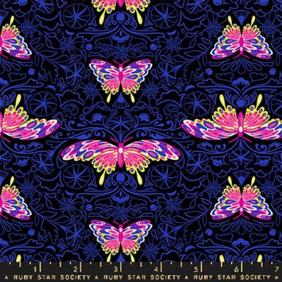 Glow Garden, Morning Moth, Novelty Butterflies Floral, in Black, RS2116 19, By Sarah Watts, Ruby Star, sold by the yard