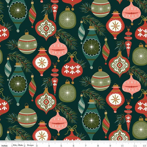 Christmas Is in Town, Ornaments in Forest, By Sandy Gervais, Riley Blake Designs, sold by the 1/2 yard or the yard