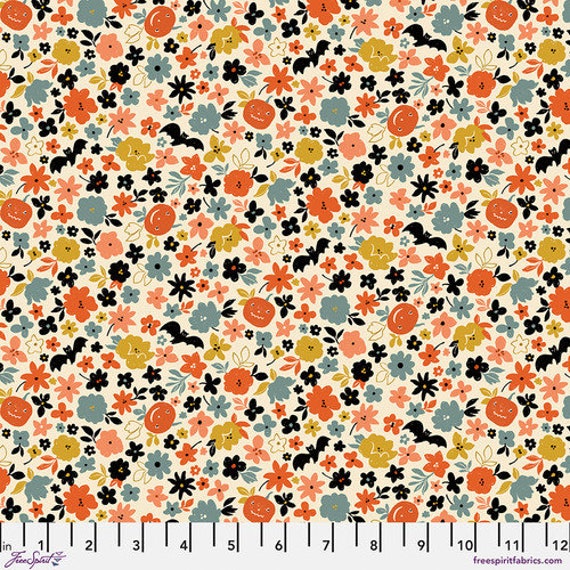 Pumpkin Patch & Bats - Cream, Haunted, by Brenda Walton, FreeSpirit Fabrics, sold by the 1/2 yard or the yard