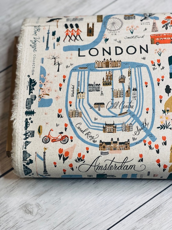 Bon Voyage, City Guide, Natural Unbleached Canvas Fabric, RP801-NA2UC, Rifle Paper Co,  Cotton + Steel, sold by the 1/2 yard or the yard