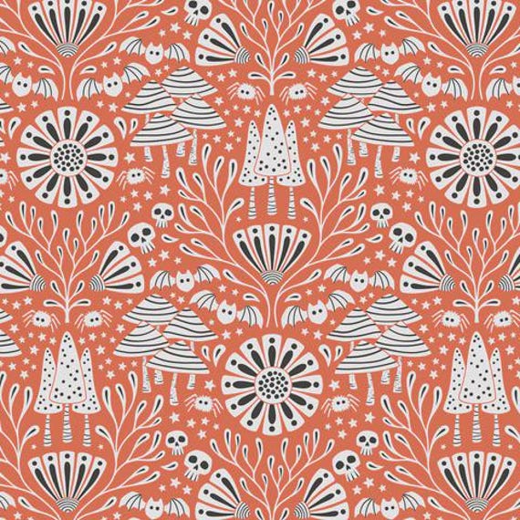 Gothic Whimsy, Gothic Forest, in red-orange, By Anequ Studio, Cloud9 Fabrics, 100% Certified Organic Cotton, sold by the yard