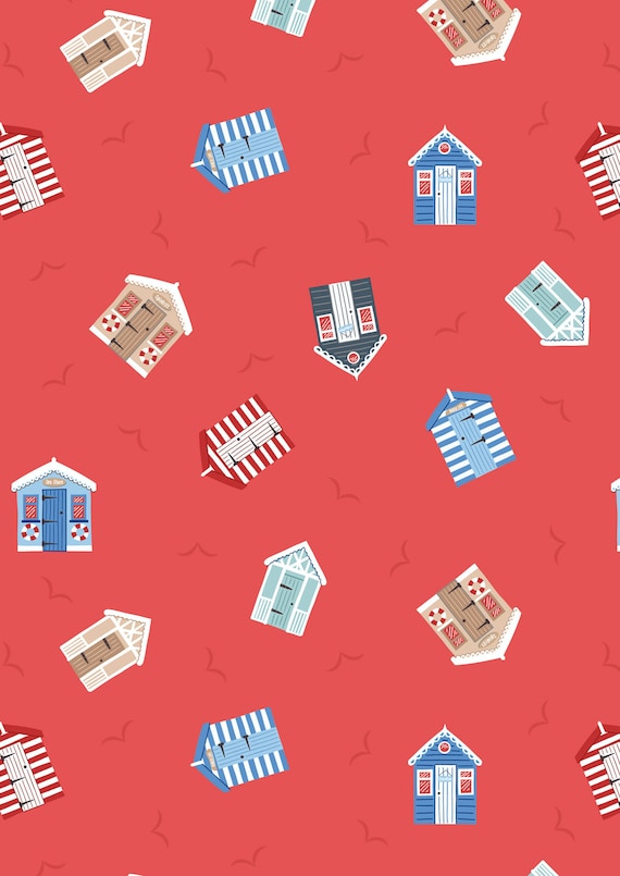 Lewis & Irene, Small Things Coastal- Beach Hut, on Red, Quilting Cotton, sold by the 1/2 yard or the yard