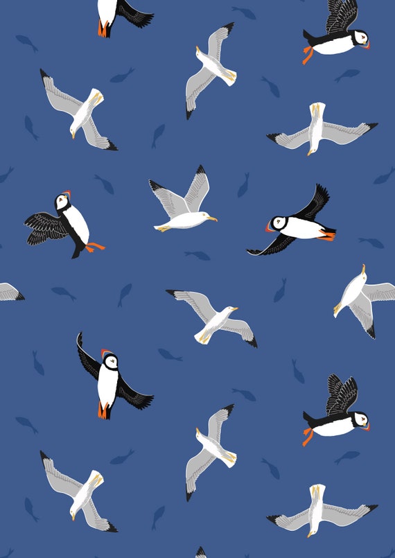 Lewis & Irene, Small Things Coastal- Puffins and Gulls, on  dark blue, Quilting Cotton, sold by the 1/2 yard or the yard