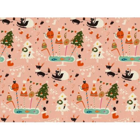 NM200-PI1U Waku Waku Christmas - Holiday Party - Pink Unbleached Fabric- Cotton and Steel/RJR- sold by the 1/2 yard or the yard