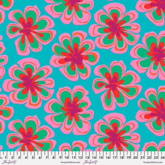 Funky Floral - Aqua, Kaffe Fassett Collective, Feb 2023, FreeSpirit Fabrics, sold by the 1/2 yard or the yard