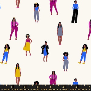 May include: A white background with a repeating pattern of women wearing different outfits and hairstyles. The women are all wearing crowns and have dark skin. The outfits include a pink dress, a blue dress, a yellow dress, a blue pantsuit, a gray pantsuit, a black pantsuit, and a pink pantsuit. The pattern is repeated throughout the image.