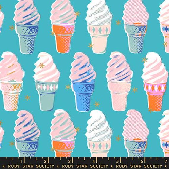 Best Day Ever, Ice Cream, Metallic Turquoise, RS0105 17M, By Melody Miller, Ruby Star Society, Moda, sold by the yard