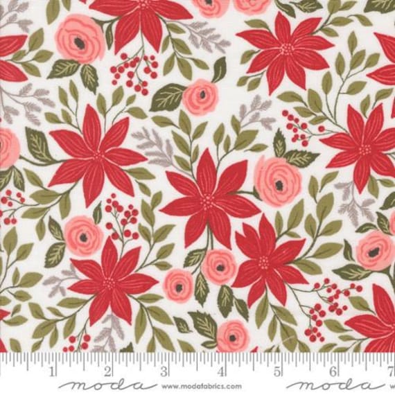 Berry And Pine, Poinsettia Party Florals, in Snow, By Lella Boutique, 5240 11, Moda, sold by the yard
