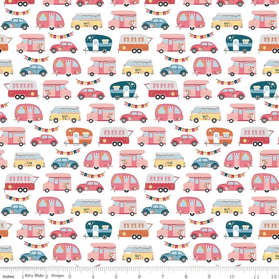 Gone Glamping, Campers, in White, By Lori Whitlock, C14792-White, Riley Blake Designs, sold by the 1/2 yard or the yard