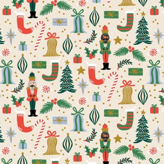 Holiday Classics PR614-CR2M, Deck the Halls, Cream Metallic Fabric, Rifle Paper Co,  Cotton+Steel, sold by the 1/2 yard or the yard