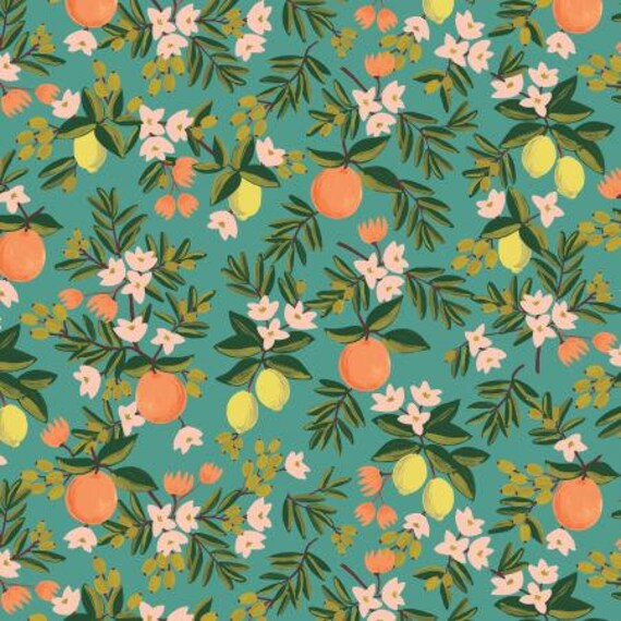 RP300-TE3 Primavera - Citrus Floral - Teal Fabric- Rilfle Paper Co- Cotton and Steel- RJR- sold by the 1/2 yard or the yard