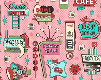 3620-001 Retro Road Trip - Signs - Coral Fabric, Cotton and Steel, sold by the 1/2 yard or the yard