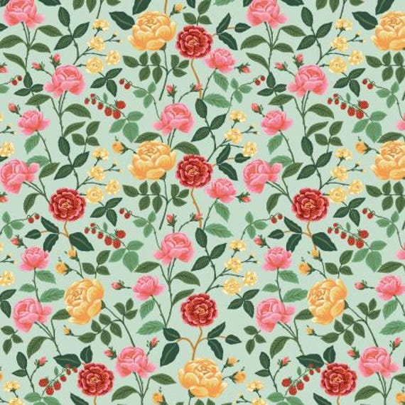 English Rose - Roses - Mint Fabric, RP1400-MI1, Rifle Paper Co, Cotton + Steel, sold by the 1/2 yard or the yard