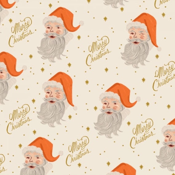 Holiday Classics, Santa, Cream Metallic Fabric, Rifle Paper Co, RP612-CR2M, Cotton+Steel, sold by the 1/2 yard or the yard