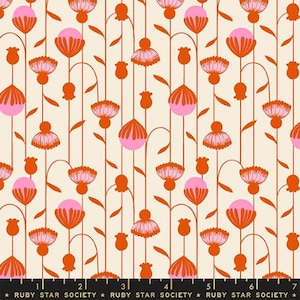 May include: A seamless pattern featuring stylized orange flowers with pink centers on a cream background. The flowers are arranged in vertical rows, creating a repeating design.