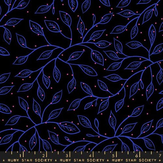 Glow Garden, Wandering Vine Florals Leaves Dot Novelty, in Black, RS2118 14, By Sarah Watts, Ruby Star, sold by the yard