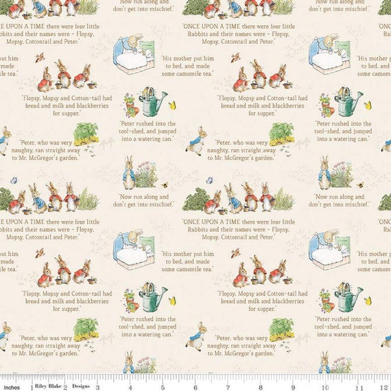 The Tale of Peter Rabbit, Text, in Cream, C14701-CREAM, Riley Blake, sold by the 1/2 yard or the yard