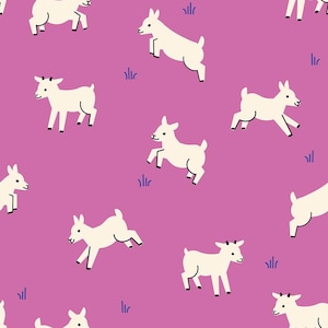 May include: A seamless pattern featuring white goats jumping on a pink background with blue grass.