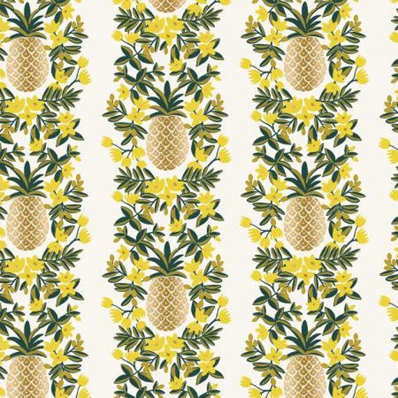 Primavera, Pineapple Stripe, Cream Metallic Fabric, By Rifle Paper Co, For Cotton and Steel/RJR, Sold by the 1/2 yard or the yard