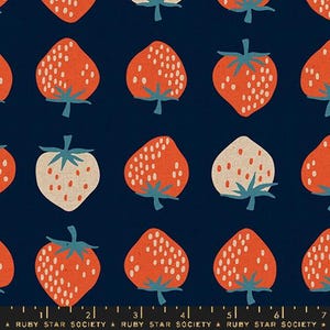 May include: A repeating pattern of stylized strawberries in shades of orange and cream with blue-green stems and leaves on a dark blue background. The text "RUBY STAR SOCIETY" is at the bottom.